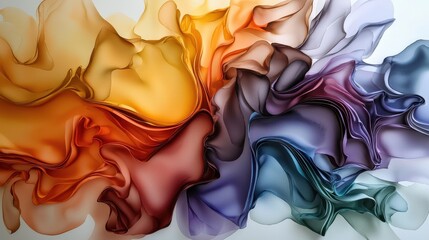 Poster - An abstract, colorful display of flowing fabric-like forms, blending shades of orange, purple, and blue, creating a dynamic and artistic composition.