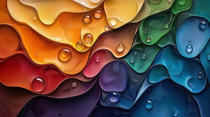 Poster - A vibrant, abstract composition featuring colorful waves of liquid with droplets, creating a dynamic and visually appealing pattern.