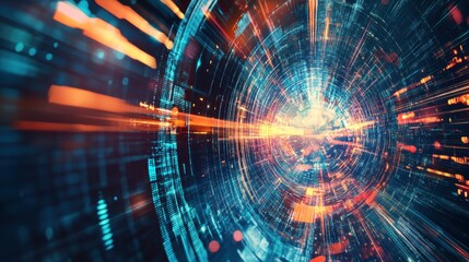 Poster - a vibrant digital visualization depicting a swirling data stream, suggesting concepts of technology,