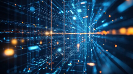 Poster - A vibrant digital landscape showcasing interconnected lines and glowing dots, representing data flow and technology in a futuristic setting.