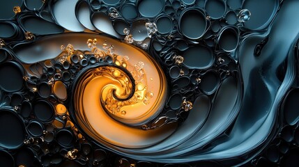 Poster - A mesmerizing swirl of black and gold bubbles creates a captivating abstract pattern, showcasing fluid dynamics and vibrant colors.
