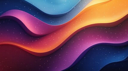 Poster - A vibrant abstract design featuring flowing waves of color, blending shades of blue, purple, orange, and red against a backdrop of tiny shimmering particles.