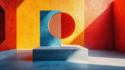 Poster - A vibrant, abstract space featuring geometric shapes in contrasting colors, creating a striking visual interplay of light and shadow.