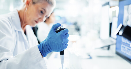 Poster - Medical, pipette and science with woman in laboratory for development, innovation or research. Dropper, healthcare and pharmaceuticals with mature scientist at work on clinical trial for breakthrough