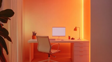 Poster - A minimalist home office featuring a white desk, ergonomic chair, and warm LED lighting, enhanced by natural daylight.