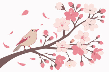 bird on blooming cherry blossom branch with falling petals, romantic springtime illustration in soft