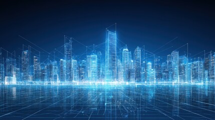 Poster - A futuristic cityscape rendered in blue light, showcasing a digital skyline with glowing structures and geometric lines.