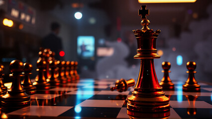 Poster - A golden chess set is arranged on a glowing board, suggesting a strategic game in a dimly lit, modern setting.  The scene evokes intellect and competition.