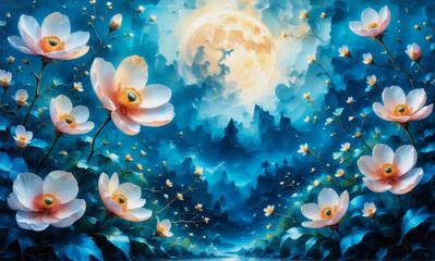 Wall Mural - dreamy floral scene with luminous white blossoms gently floating in a magical blue night. a soft glo