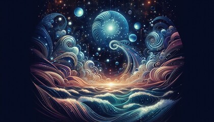 Wall Mural - celestial waves an album cover featuring a cosmic ocean scene wi