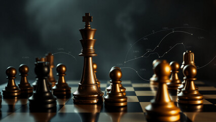 Poster - Chess pieces on a checkered board in a dramatic, low-key lighting. Gold and black pieces are set for a strategic board game.