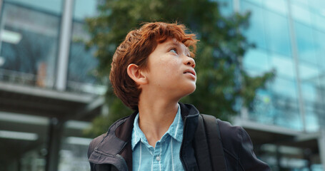 Aufkleber - Outdoor, boy and student with backpack for school, education and studying opportunity with thinking. Campus, male child and walking with thoughts for elementary, learning academy and learner outside