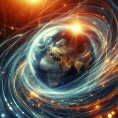 Wall Mural - whirling globe streaks of light tracing latitudes capturing the