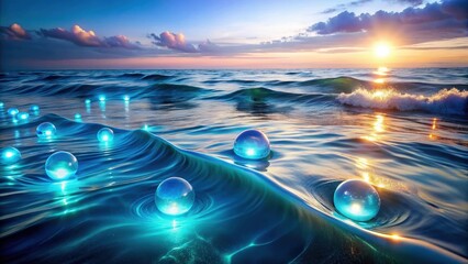 Wall Mural - serene ocean sunset with glowing spheres floating on gentle waves