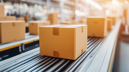 Poster - High-speed packaging and sorting in a modern factory.