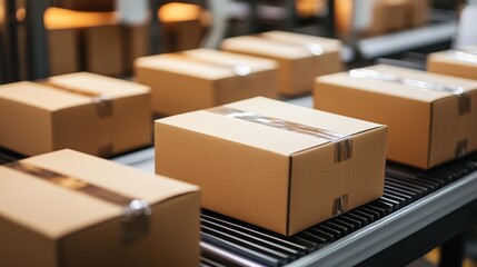 Poster - High-speed packaging and sorting in a modern factory.
