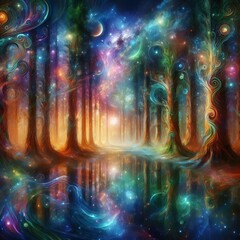 Wall Mural - an enchanted forest beneath a cosmic dance
