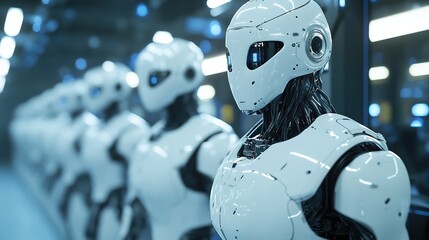 Poster - High-speed robotic mass production in a futuristic factory.