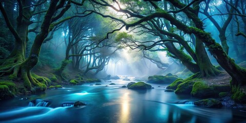 Wall Mural - enchanted forest stream mystical moss-covered trees line a serene river in a dreamlike setting