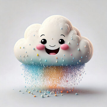 A fluffy white cloud with a big happy smile, sprinkling a tiny pastel rainbow like rain