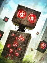 Poster - Futuristic robot guardians enchanted forest digital art surreal environment eye-level view technology concept
