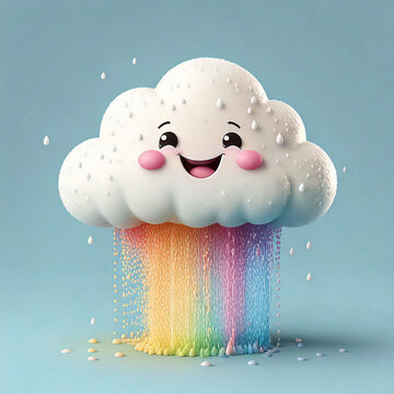 A fluffy white cloud with a big happy smile, sprinkling a tiny pastel rainbow like rain