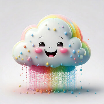A fluffy white cloud with a big happy smile, sprinkling a tiny pastel rainbow like rain