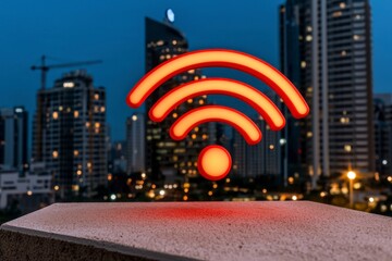 Poster - Glowing Orange Wifi Symbol on Stone Surface Against Night Cityscape