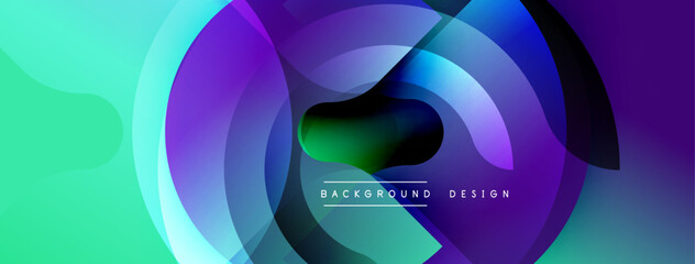 Poster - Abstract vibrant layers create dynamic composition. Purple, green, blue hues blend seamlessly. Modern design evokes energy, movement, depth. Smooth gradients, circular forms.