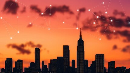 Poster - A vibrant sunset skyline with geometric patterns suggesting connectivity and technology, showcasing the harmony between urban life and innovation.
