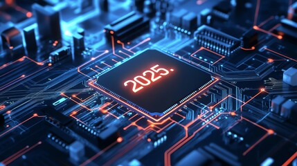 Leinwandbilder - Technology Advances in 2025 Depicted With a Futuristic Microchip Design Illuminated by Blue and Orange Lights