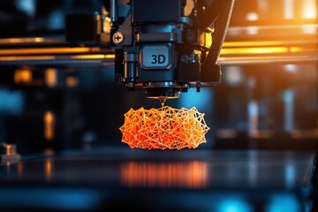 Poster - Futuristic 3D printer crafting intricate geometric object with glowing details.