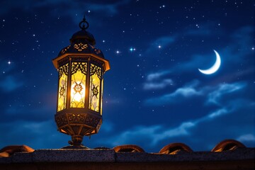 Poster - Ornate lantern glowing on rooftop against starry night sky with crescent moon.