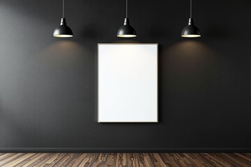 Poster - Blank white poster frame on dark wall under three black pendant lights.