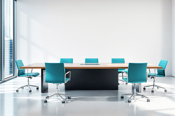 Poster - Modern conference room with turquoise chairs and a wooden table in a high-rise office space.