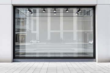 Poster - Blank storefront window mockup with reflections of city street.