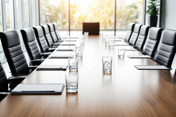 Poster - Modern conference room with a long wooden table, black chairs, and notepads. Sunlight streams through large windows, creating a warm ambiance.