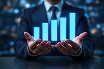Poster - Businessman holding glowing bar chart representing financial growth and success.