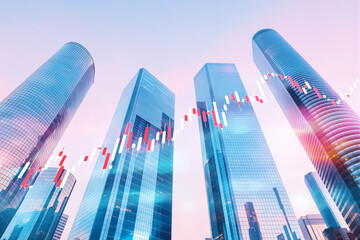 Poster - Modern skyscrapers with transparent financial chart overlay on pastel sky background.