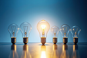 Poster - Illuminated light bulb among unlit bulbs on reflective surface.