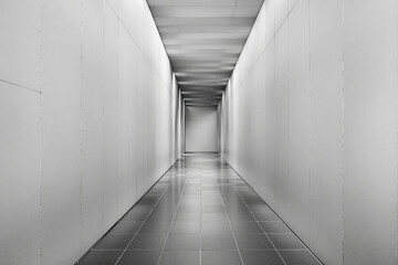 Poster - Futuristic white corridor with reflective tiled floor and soft ambient lighting.