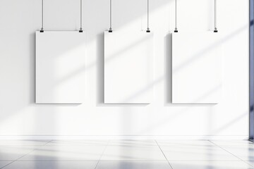 Poster - Blank posters hanging on a white wall in a bright room.