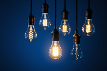Poster - Illuminated hanging light bulbs on a dark blue background.