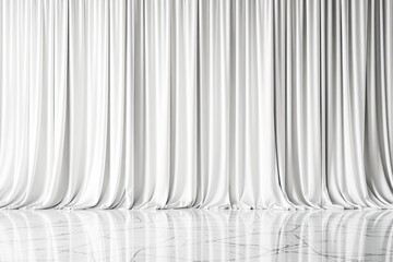 Poster - Elegant white curtains with soft folds cascading onto a glossy marble floor.
