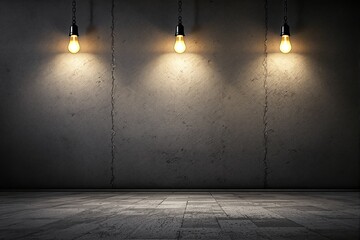 Poster - Industrial dark interior with three hanging light bulbs on textured cracked concrete wall.