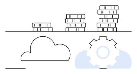 Stacks of coins, a cloud, and a gear symbolize financial progress, cloud computing, and innovation. Ideal for technology, finance, business, innovation strategies digital solutions cloud services