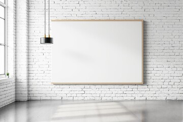 Aufkleber - Blank white canvas mockup on white brick wall in modern interior with pendant light.