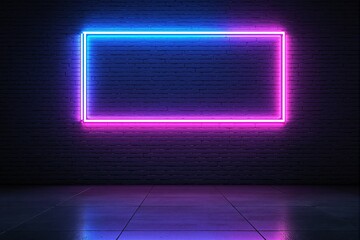 Poster - Neon frame with glowing pink and blue lights on a dark brick wall.