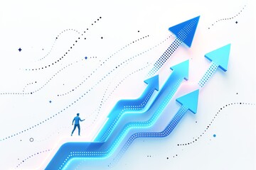 Poster - Business growth concept with a businessman walking on glowing arrows pointing upward.