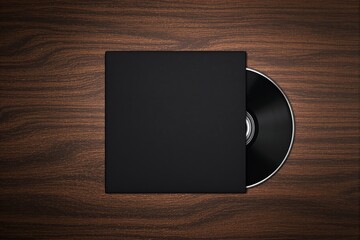 Poster - Blank black vinyl record cover mockup on wooden background.